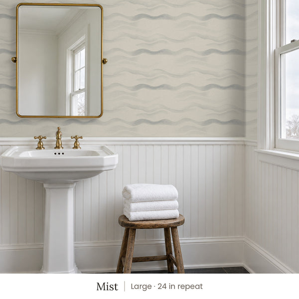 Lyme Mist peel and stick wallpaper, large 24 in repeat, in a bathroom with a pedestal sink and white beadboard