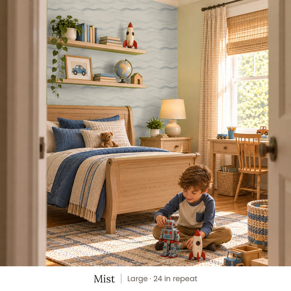 Lyme Mist peel and stick wallpaper, large 24 in repeat, in a boy's bedroom with a wood sleigh bed and toys