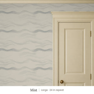 Lyme Mist peel and stick wallpaper, large 24 in repeat, beside a cream panel door