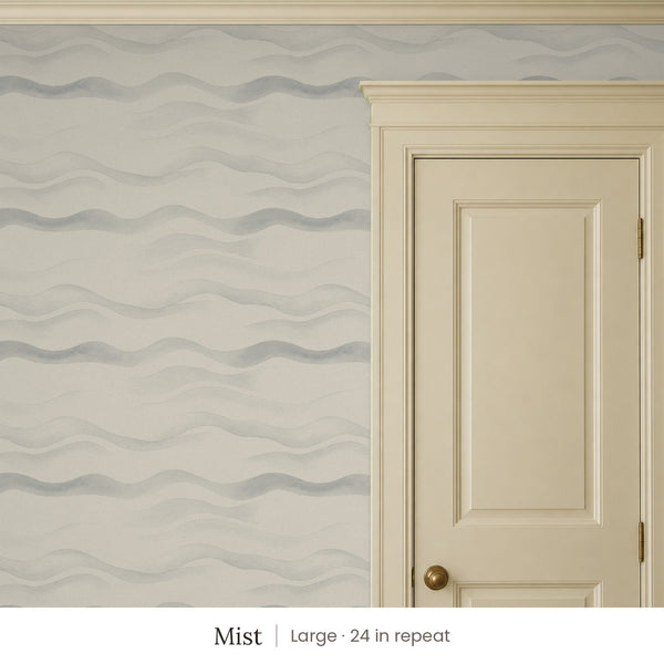 Lyme Mist peel and stick wallpaper, large 24 in repeat, beside a cream panel door