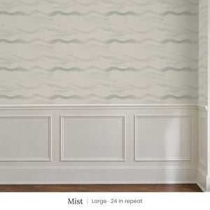 Lyme Mist peel and stick wallpaper, large 24 in repeat, above white panel wainscoting