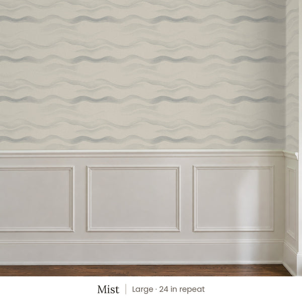 Lyme Mist peel and stick wallpaper, large 24 in repeat, above white panel wainscoting