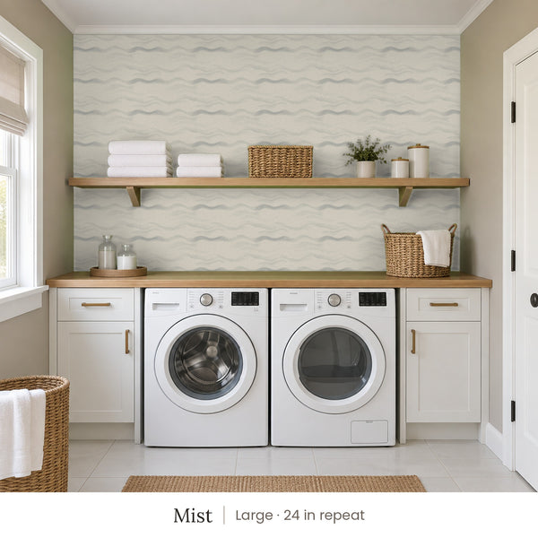 Lyme Mist peel and stick wallpaper, large 24 in repeat, in a laundry room with white cabinets and open shelves