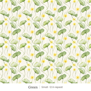Zelda wallpaper in Green, small 12 in repeat, green leaves and yellow flowers on cream