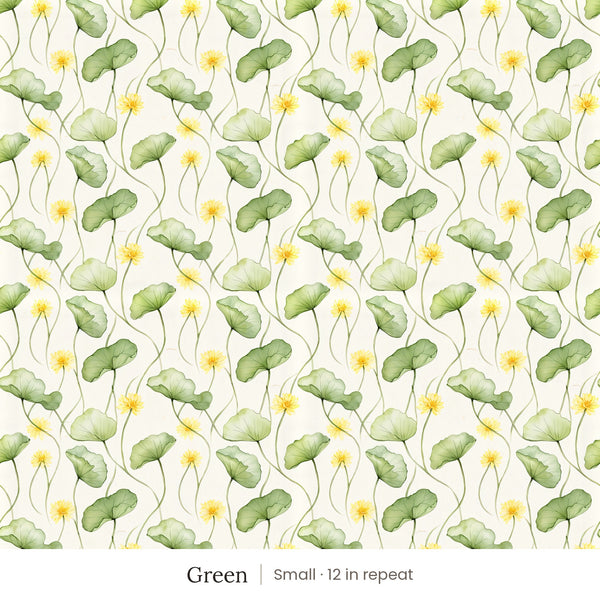 Zelda wallpaper in Green, small 12 in repeat, green leaves and yellow flowers on cream