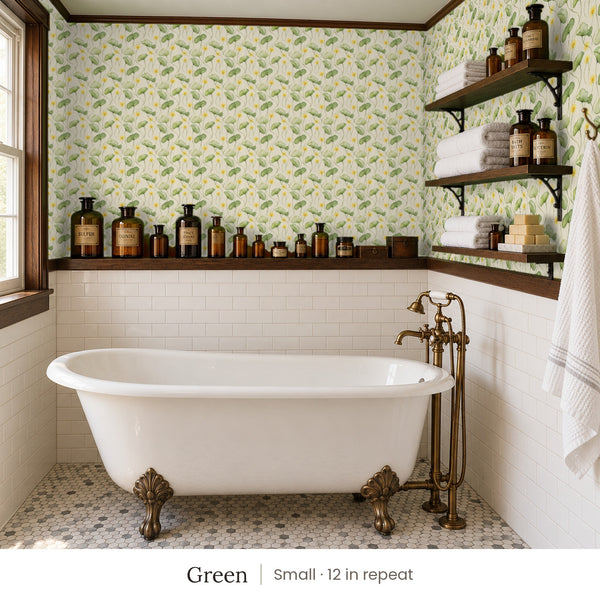 Zelda Green peel and stick wallpaper, small 12 in repeat, in a bathroom with a clawfoot tub and open shelves