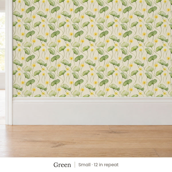 Zelda Green peel and stick wallpaper, small 12 in repeat, above a white baseboard and oak floor