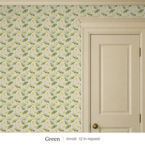 Zelda Green peel and stick wallpaper, small 12 in repeat, beside a cream panel door
