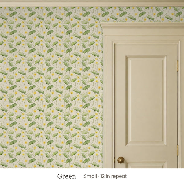 Zelda Green peel and stick wallpaper, small 12 in repeat, beside a cream panel door