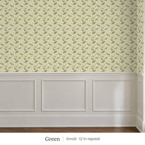 Zelda Green peel and stick wallpaper, small 12 in repeat, above white panel wainscoting