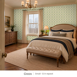 Zelda Green peel and stick wallpaper, small 12 in repeat, in a bedroom with an upholstered bed and a tufted bench