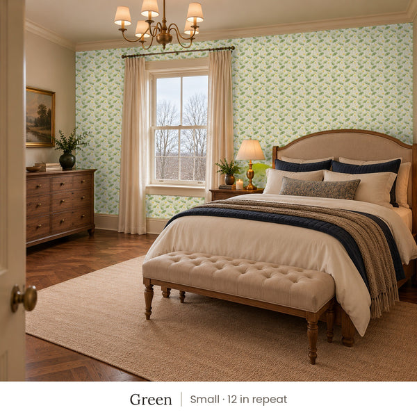 Zelda Green peel and stick wallpaper, small 12 in repeat, in a bedroom with an upholstered bed and a tufted bench