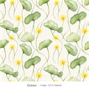 Zelda wallpaper in Green, large 24 in repeat, green leaves and yellow flowers on cream