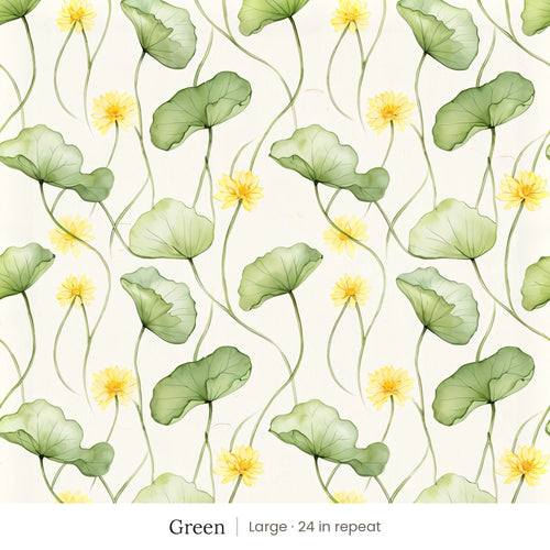 Zelda wallpaper in Green, large 24 in repeat, green leaves and yellow flowers on cream