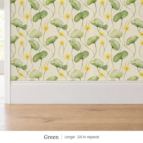 Zelda Green peel and stick wallpaper, large 24 in repeat, above a white baseboard and oak floor