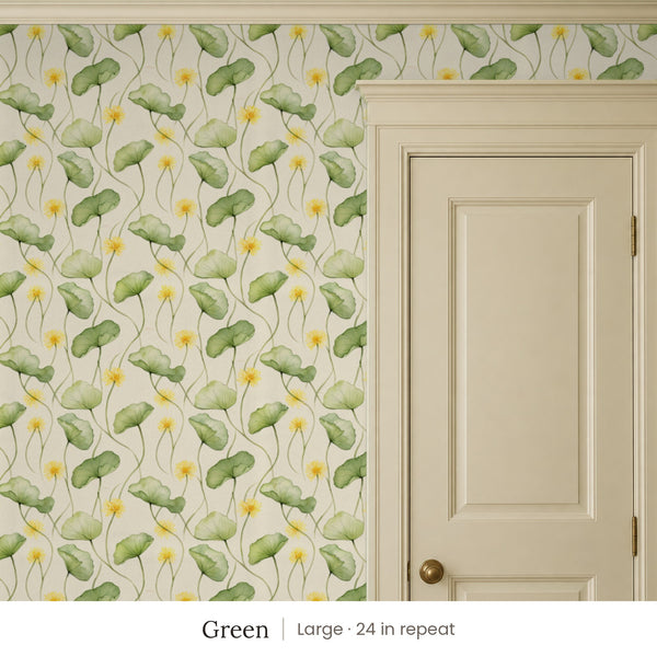 Zelda Green peel and stick wallpaper, large 24 in repeat, beside a cream panel door