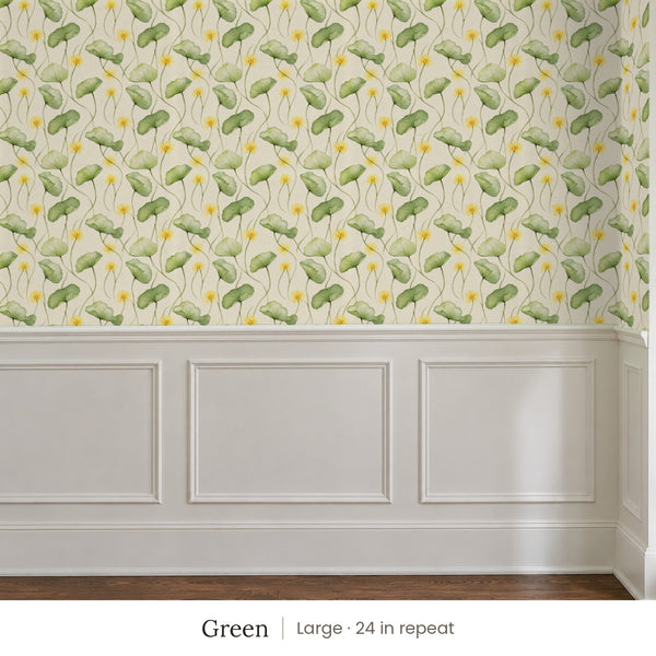 Zelda Green peel and stick wallpaper, large 24 in repeat, above white panel wainscoting