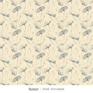 Zelda wallpaper in Butter, small 12 in repeat, slate blue leaves on butter yellow