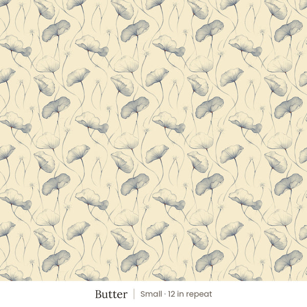 Zelda wallpaper in Butter, small 12 in repeat, slate blue leaves on butter yellow