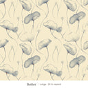 Zelda wallpaper in Butter, large 24 in repeat, slate blue leaves on butter yellow