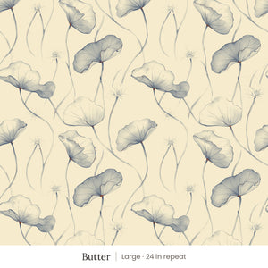 Zelda wallpaper in Butter, large 24 in repeat, slate blue leaves on butter yellow