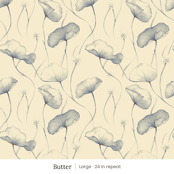 Zelda wallpaper in Butter, large 24 in repeat, slate blue leaves on butter yellow