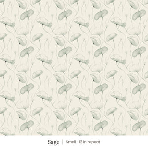 Zelda wallpaper in Sage, small 12 in repeat, soft sage leaves on linen
