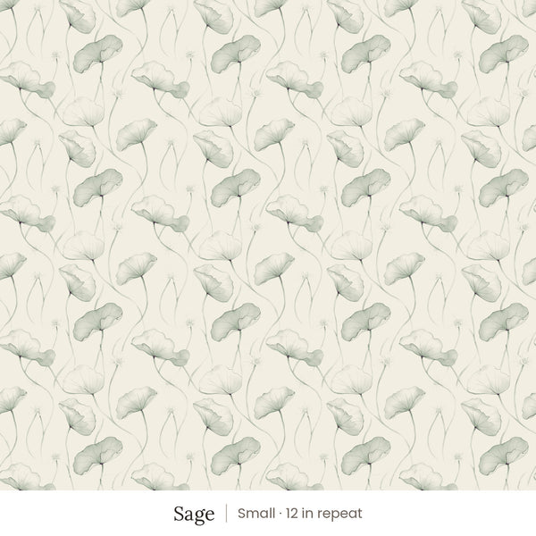 Zelda wallpaper in Sage, small 12 in repeat, soft sage leaves on linen