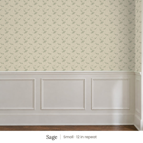 Zelda Sage peel and stick wallpaper, small 12 in repeat, above white panel wainscoting