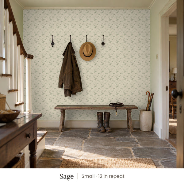 Zelda Sage peel and stick wallpaper, small 12 in repeat, in an entry with wall hooks and a bench