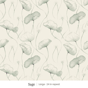 Zelda wallpaper in Sage, large 24 in repeat, soft sage leaves on linen