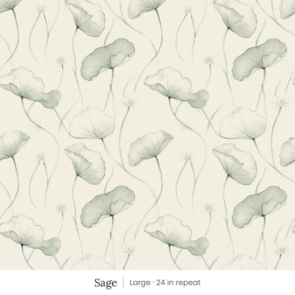 Zelda wallpaper in Sage, large 24 in repeat, soft sage leaves on linen