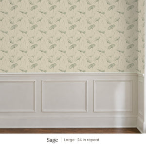 Zelda Sage peel and stick wallpaper, large 24 in repeat, above white panel wainscoting
