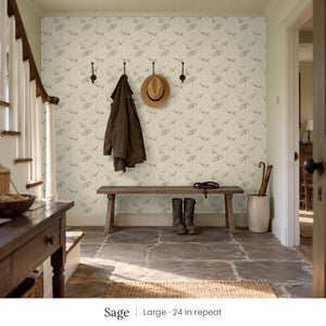 Zelda Sage peel and stick wallpaper, large 24 in repeat, in an entry with wall hooks and a bench