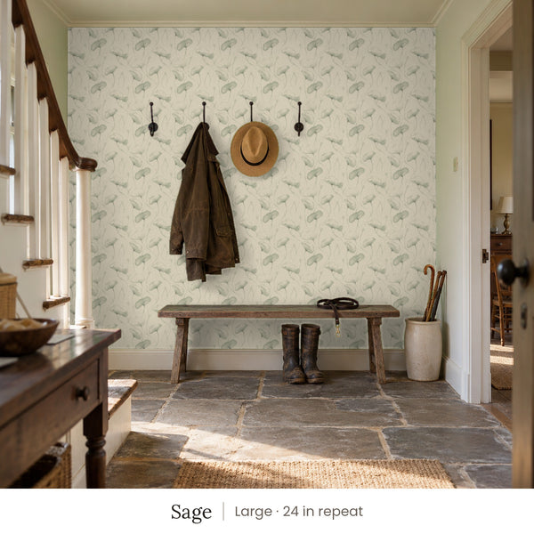 Zelda Sage peel and stick wallpaper, large 24 in repeat, in an entry with wall hooks and a bench