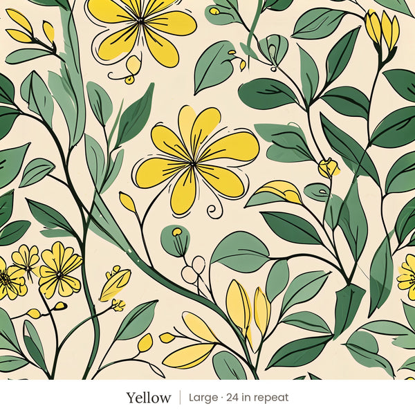 Marlow wallpaper in Yellow, large 24 in repeat, yellow flowers and green leaves on cream