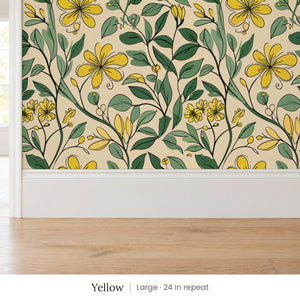 Marlow Yellow peel and stick wallpaper, large 24 in repeat, above a white baseboard and oak floor