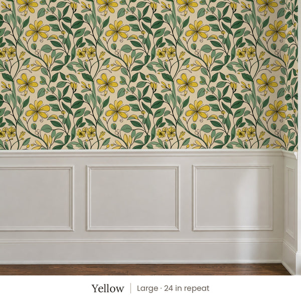 Marlow Yellow peel and stick wallpaper, large 24 in repeat, above white panel wainscoting