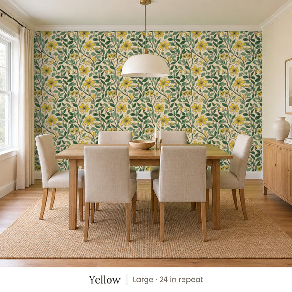 Marlow Yellow peel and stick wallpaper, large 24 in repeat, in a dining room with an oak table and a white pendant