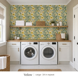 Marlow Yellow peel and stick wallpaper, large 24 in repeat, in a laundry room with white cabinets and open shelves