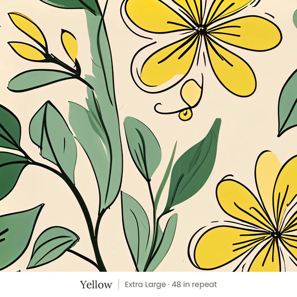 Marlow wallpaper in Yellow, extra large 48 in repeat, yellow flowers and green leaves on cream