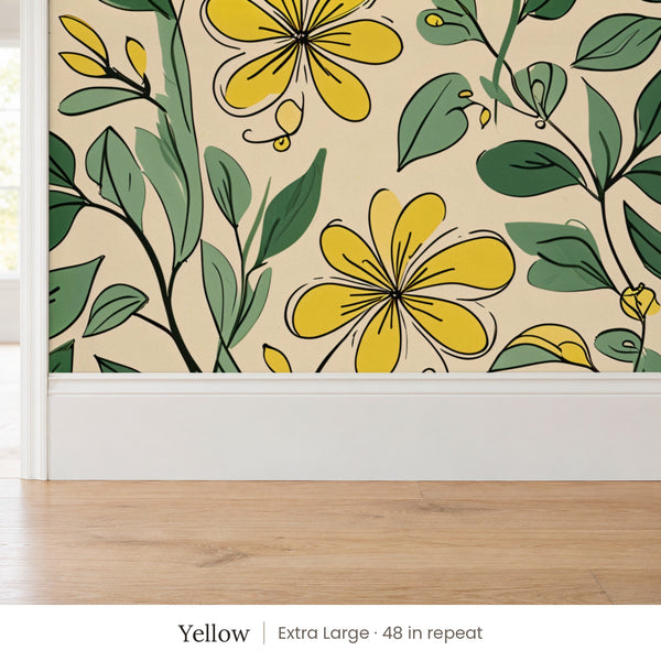 Marlow Yellow peel and stick wallpaper, extra large 48 in repeat, above a white baseboard and oak floor