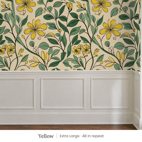Marlow Yellow peel and stick wallpaper, extra large 48 in repeat, above white panel wainscoting