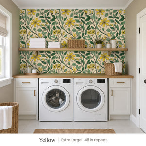 Marlow Yellow peel and stick wallpaper, extra large 48 in repeat, in a laundry room with white cabinets and open shelves