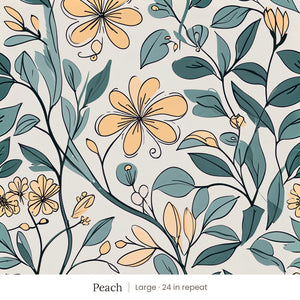 Marlow wallpaper in Peach, large 24 in repeat, peach flowers and teal leaves on pale grey