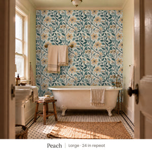 Marlow Peach peel and stick wallpaper, large 24 in repeat, in a bathroom with a clawfoot tub and hanging towels