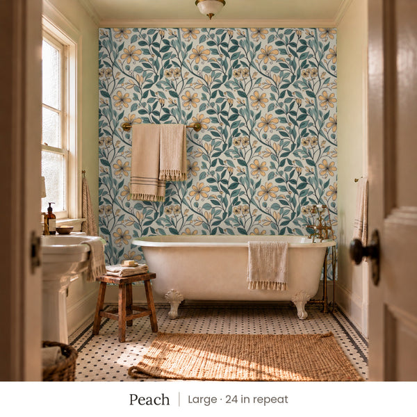 Marlow Peach peel and stick wallpaper, large 24 in repeat, in a bathroom with a clawfoot tub and hanging towels