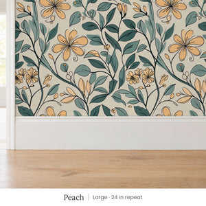 Marlow Peach peel and stick wallpaper, large 24 in repeat, above a white baseboard and oak floor