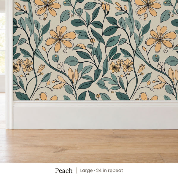 Marlow Peach peel and stick wallpaper, large 24 in repeat, above a white baseboard and oak floor