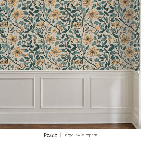 Marlow Peach peel and stick wallpaper, large 24 in repeat, above white panel wainscoting